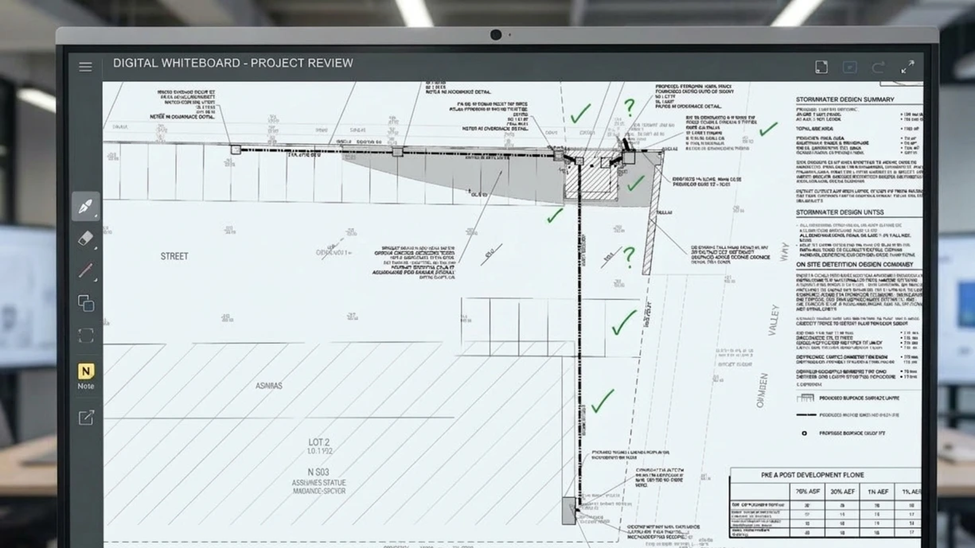 Digital whiteboard review of a stormwater drainage design with council comments